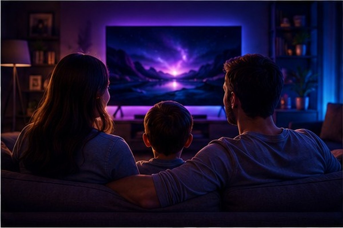 Famille regardant la télévision ensemble avec Xenon IPTV